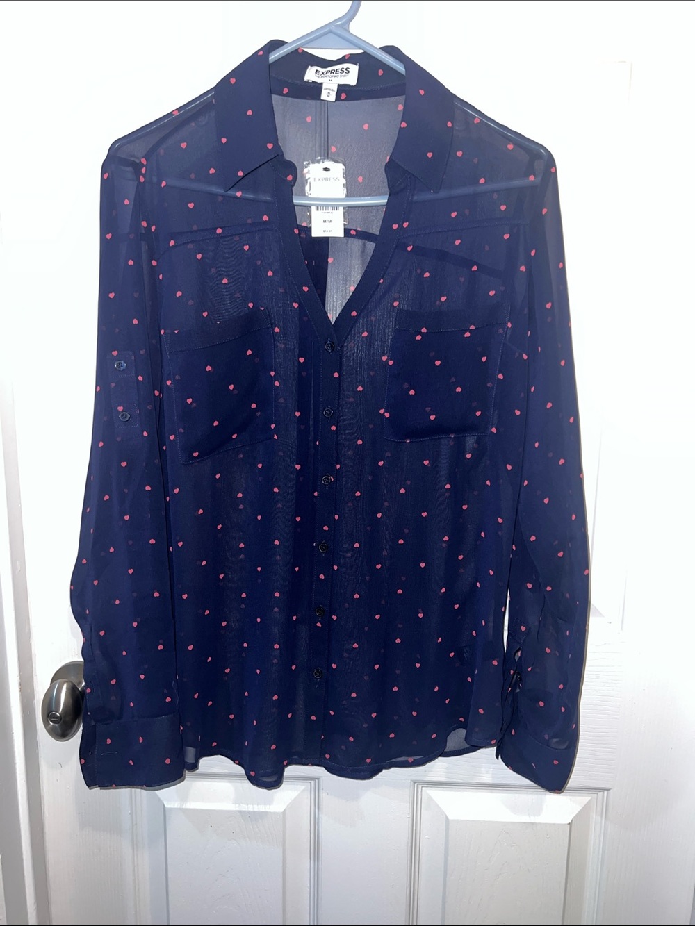 Express Navy Blouse with Pink Heart Print